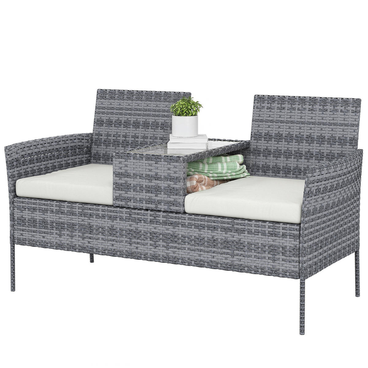 GARTENBANK 2-Sitzer DE-13678 mit integriertem Tisch Schwarz - Grau, Metall (135/81/64cm) - ComfortXL