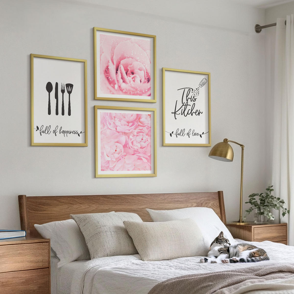 BILDER SET 4er Set - 50x50 cm & 40x60 cm Goldrahmen - Zarte Rosenblüten für die Küche - Goldfarben, Kunststoff (50/50cm) - TULUP