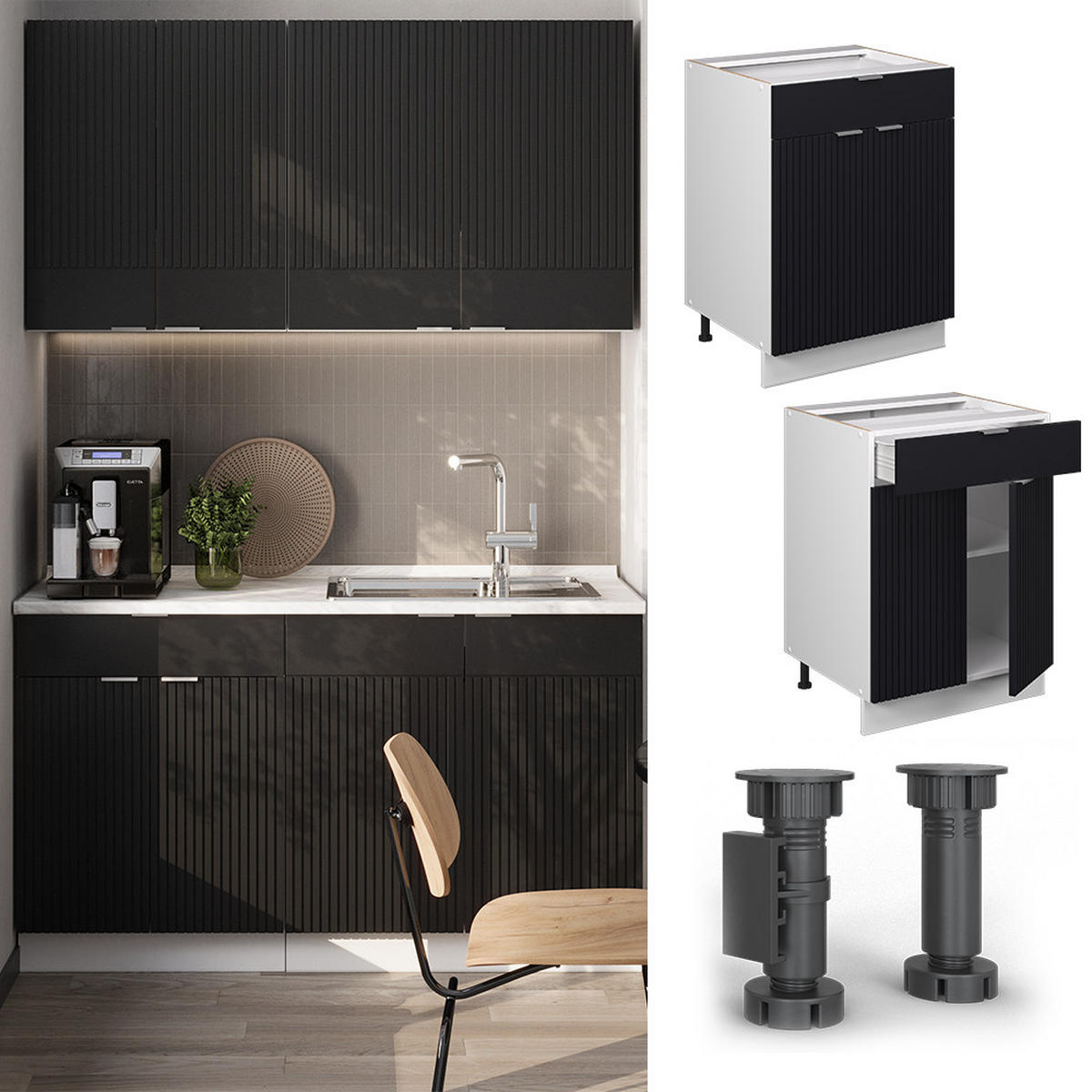 KÜCHENUNTERSCHRANK Fame-Line, Schwarz gestreift, 60 cm mit Schublade, AP Eiche - Schwarz/Weiß, Holzwerkstoff (60/82/60cm) - Vicco