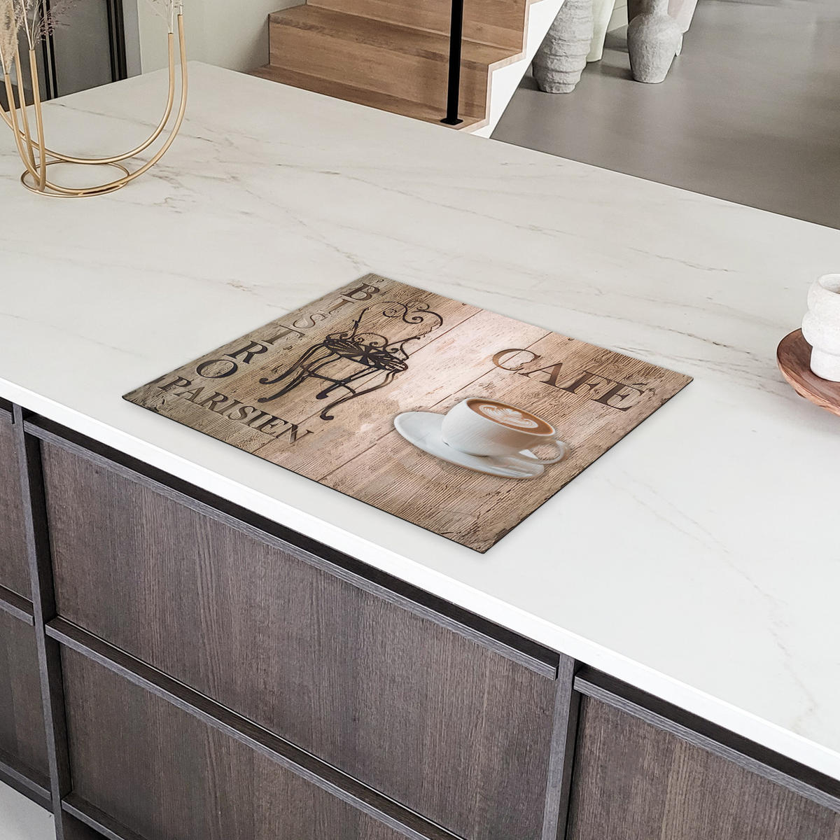 HERDABDECKPLATTE Bistro Parisien - Café - Kaffee - Jahrgang Herdabdeckung Induktionsfeld 65x52 cm - Cappuccino, Kunststoff (65/52/0.2cm) - MuchoWow