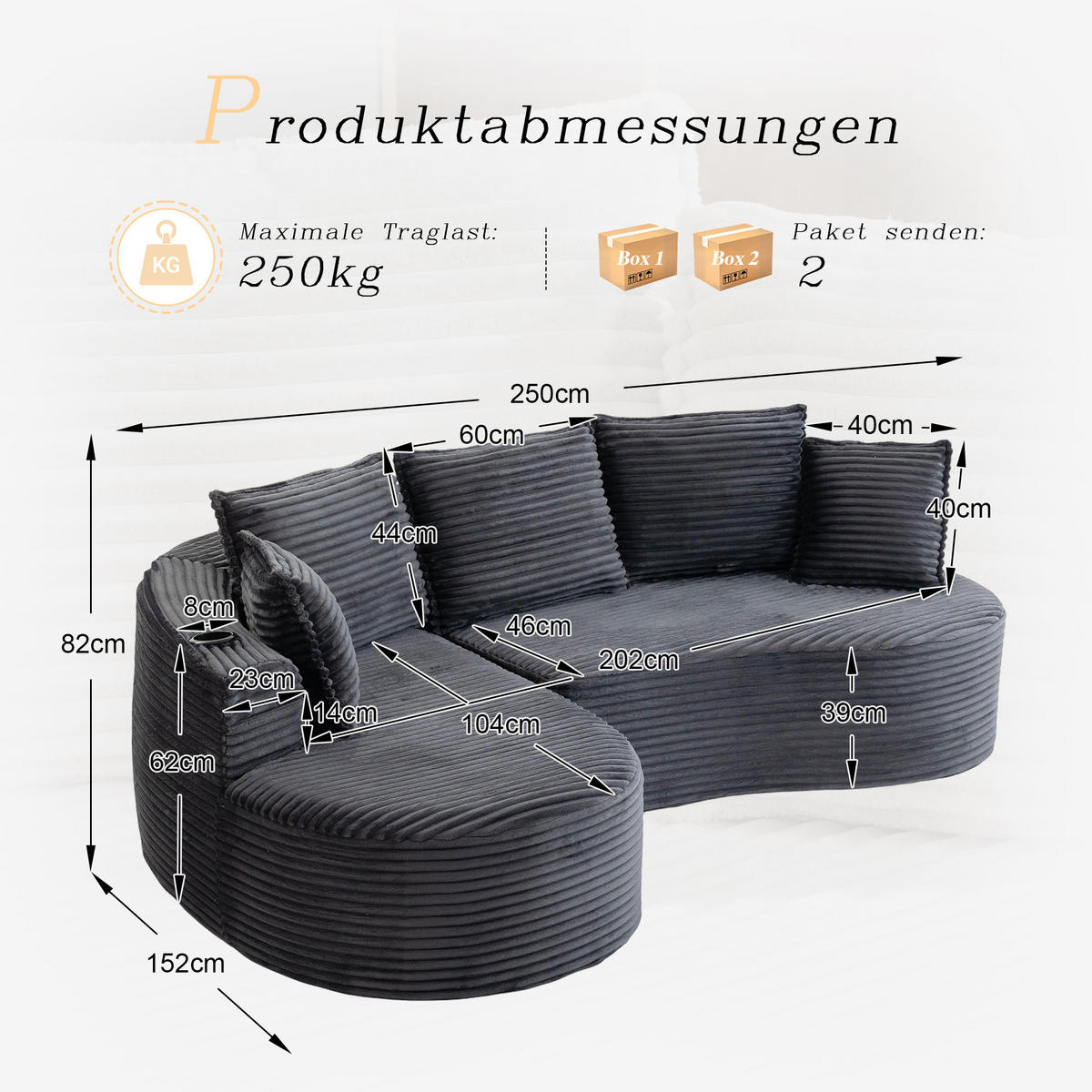 ECKSOFA Cord Dunkelgrau mit Getränkehaltern, Seitentaschen und Kissen - Dunkelgrau, Textil (250/152cm) - WISHDOR