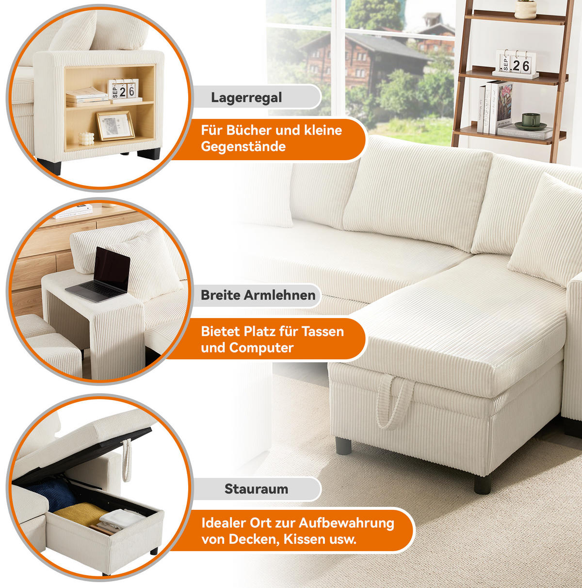 ECKSOFA 231/131.5/84 cm Beige aus Cord mit Schlaffunktion und Stauraum - Beige, Textil (131.5/231cm) - OKMYHOME