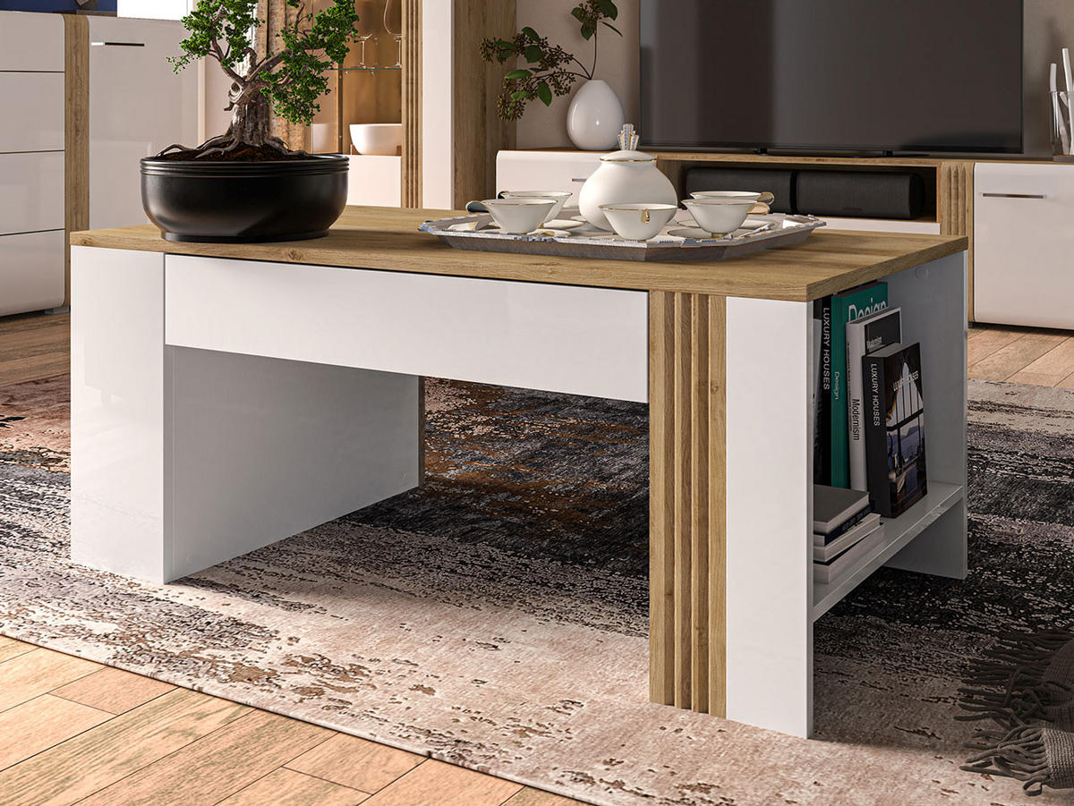 COUCHTISCH Adagio weiß Hochglanz / Eiche castello 109 / 60 / 48cm - Weiß/Braun, Holz/Holzwerkstoff (60/109/48cm) - Feldmann-Wohnen