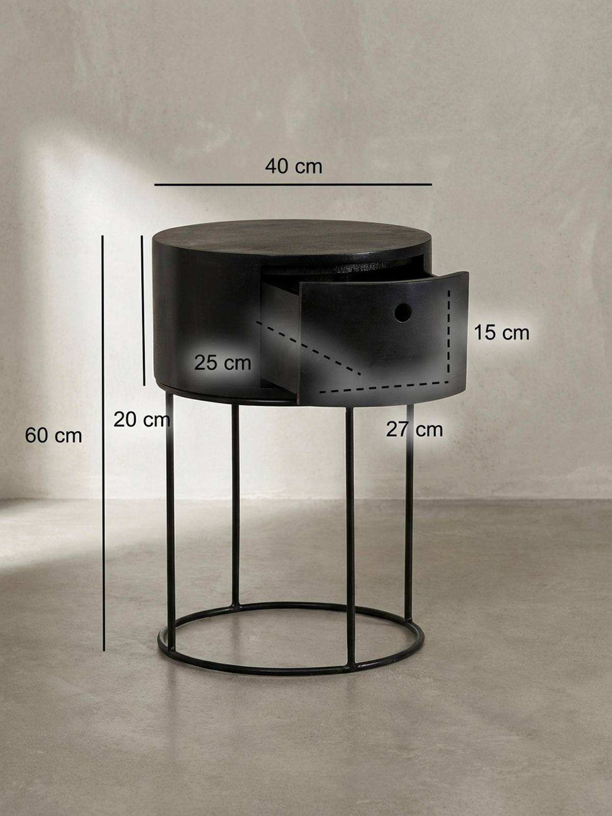 NACHTKONSOLE Massivholz mit Schublade rund Modern Schwarz - Schwarz, Holz/Metall (40/60/40cm) - KADIMA DESIGN