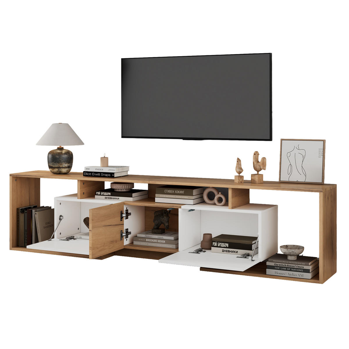 TV-ELEMENTLOWBOARD 180x30x49cm WeißNaturholz für 85ZollTV PushtoOpen - Naturfarben, Holz (39.5/16/99.01cm) - Raelunyi