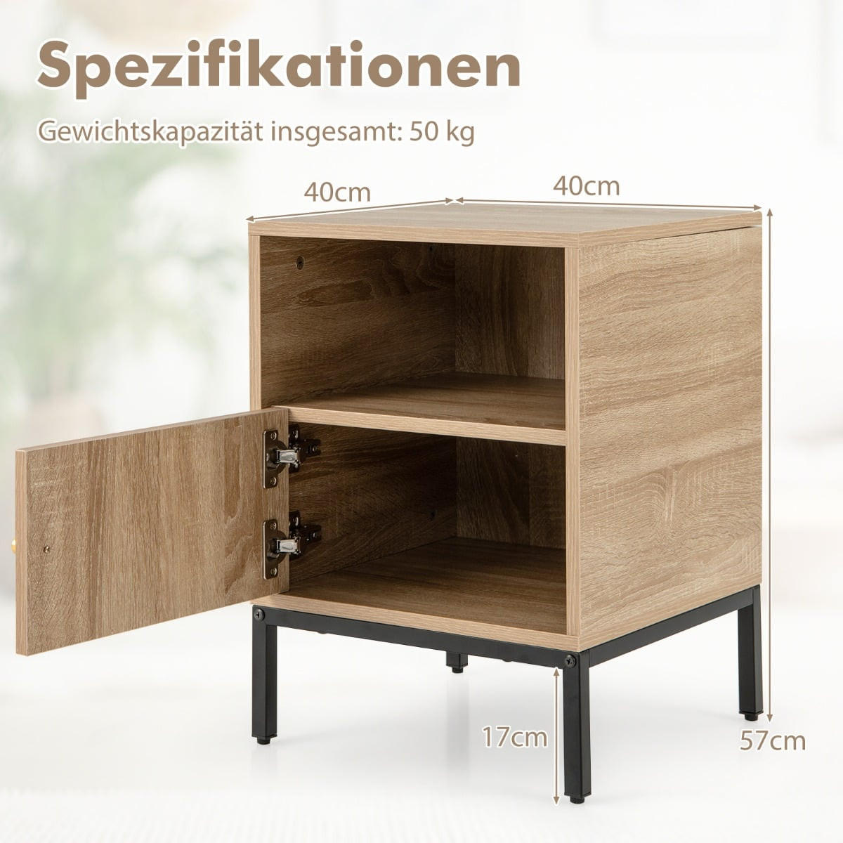 NACHTTISCH Natur mit Regal und Schrank, 40x40x57 cm - Edelstahlfarben/Naturfarben, Holzwerkstoff/Metall (40/57/40cm) - DESIGN IN