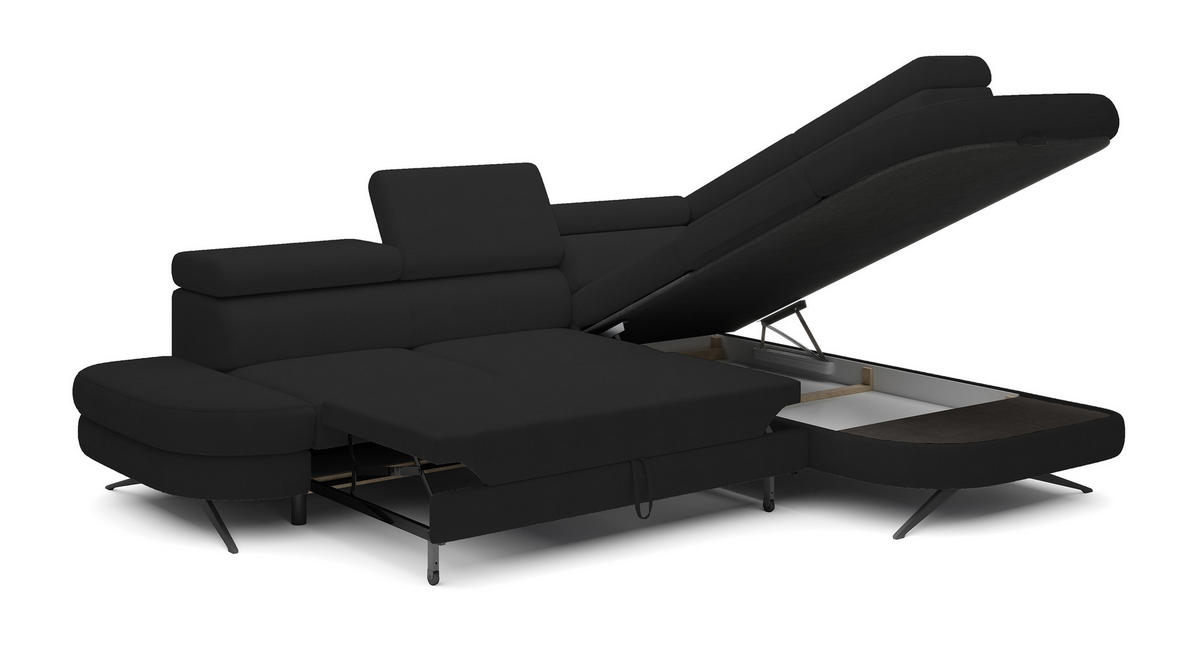 ECKSOFA OTIS L-förm, Schlaffunktion, verstellbare Kopfstützen, in AURORA-Stoff, lose Rückenkissen, freistehend, RECHTS 276x218x97 cm Black - Schwarz, Holz/Textil (276/218cm) - DomoHome