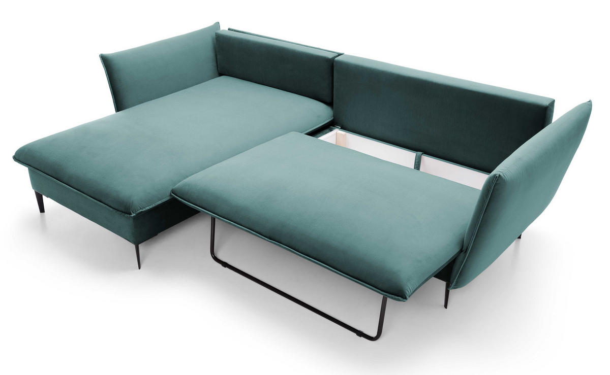 ECKSOFA Flavio mit Schlaffunktion, Bettkasten 260 cm, Links, Türkis - Türkis, Holz (258/167cm) - Emporius