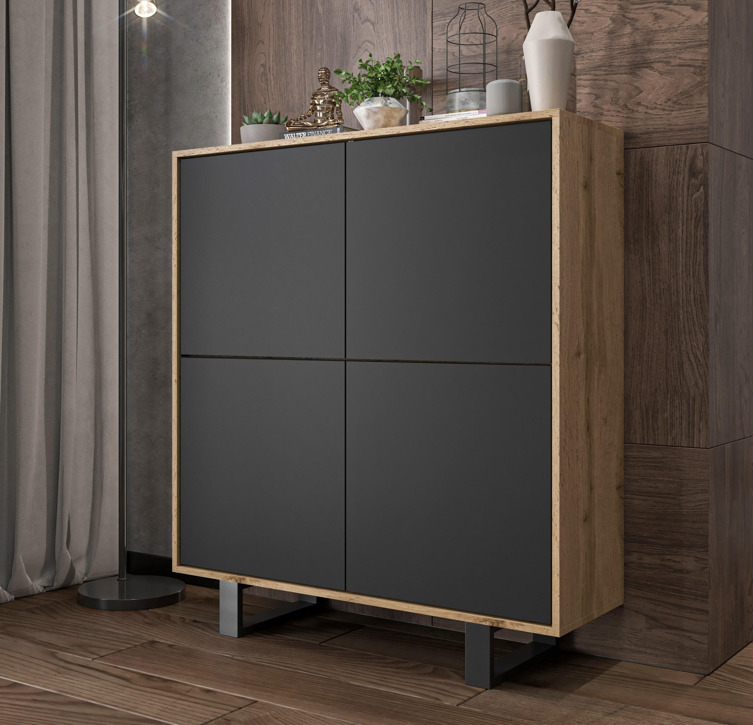 KOMMODE Apollo 4D Eiche wotan Schwarz Matt 113/127/35 cm - Schwarz, Holzwerkstoff/Metall (113/127/35cm) - Meble Lindner