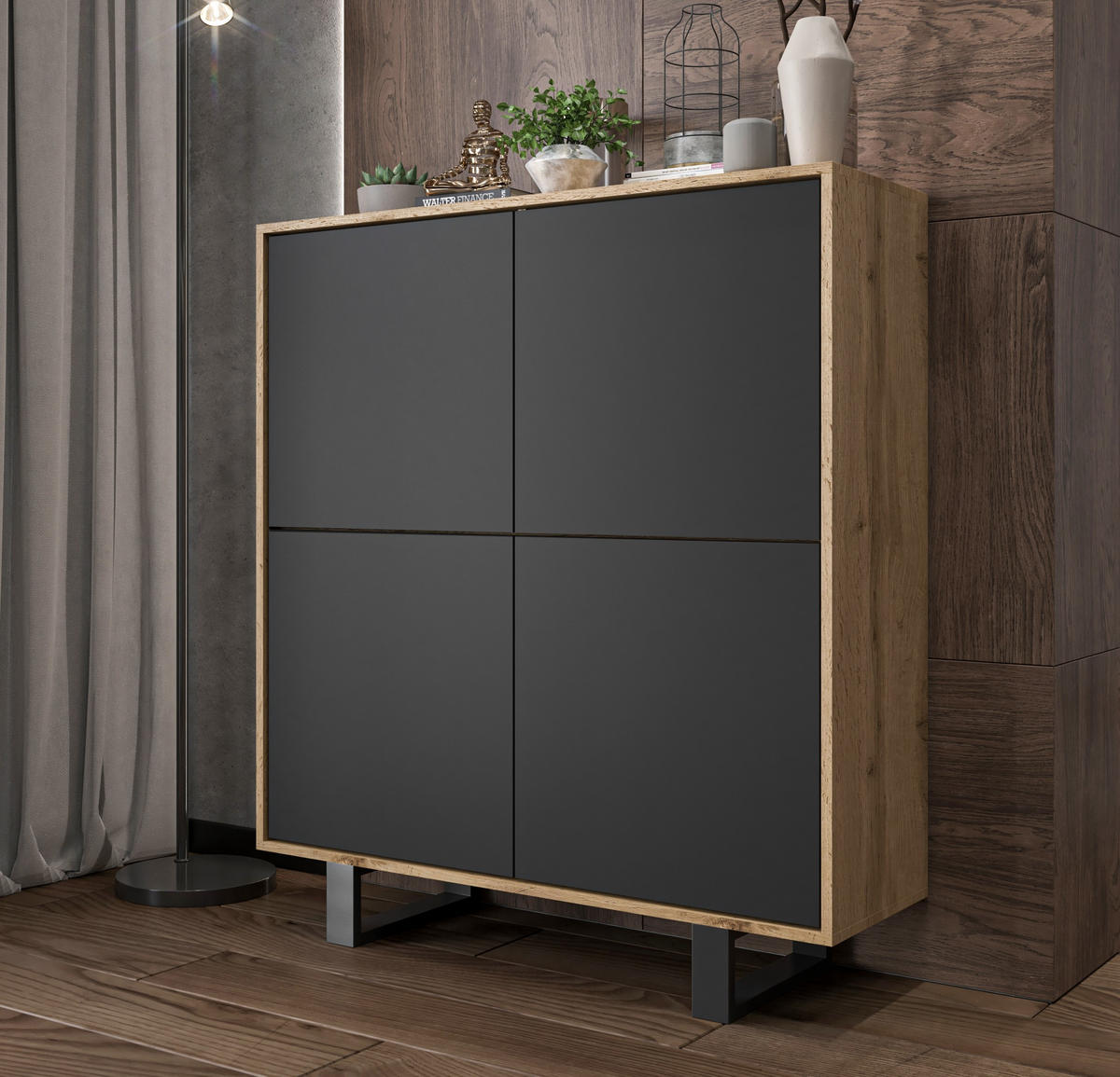 KOMMODE Apollo 4D Eiche wotan Schwarz Matt 113/127/35 cm - Schwarz, Holzwerkstoff/Metall (113/127/35cm) - Meble Lindner
