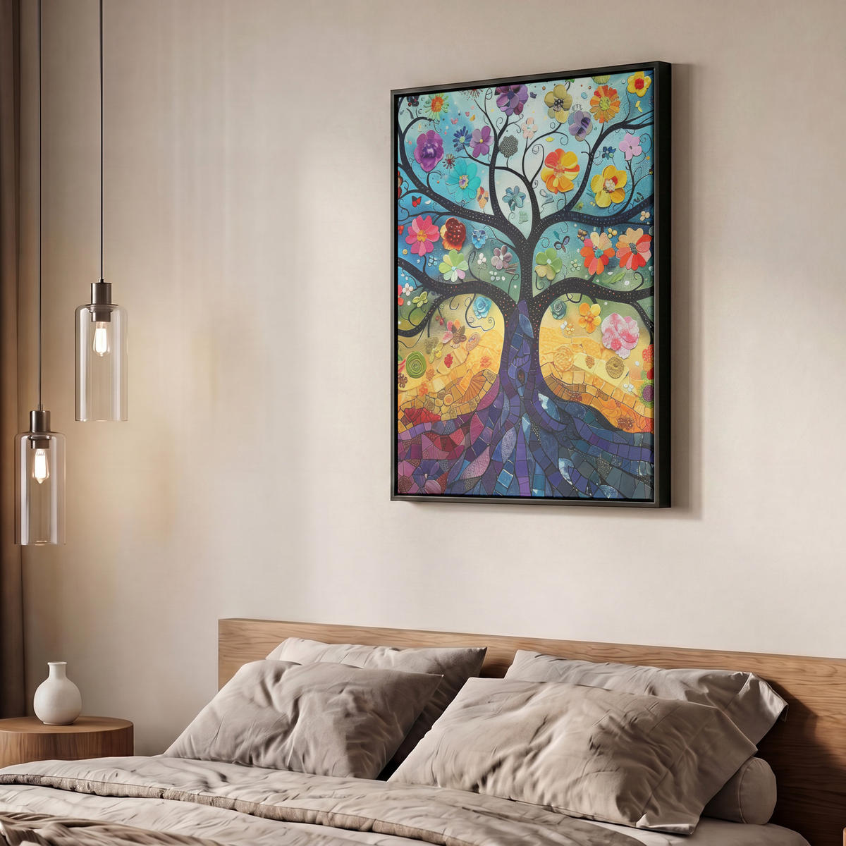 LEINWAND Bilder mit Rahmen - Kunst - Baum des Lebens - Blumen - Hippie - 60x80 - Dunkelblau, Textil (60/80cm) - MuchoWow