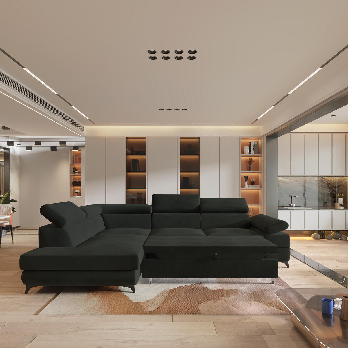 ECKSOFA FAVIEN L-S Schwarz Velours-Stoff mit Schlaffunktion - Schwarz, Holz (257/190cm) - MASSENO