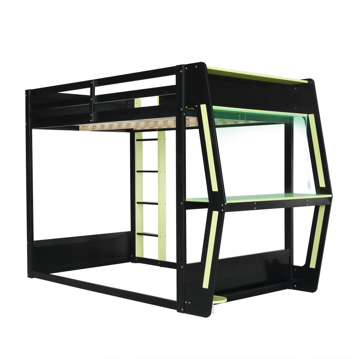 GAMING-HOCHBETT aus Kiefernholz und MDF 120x200 cm Schwarz-Grün mit Schreibtisch, LED und Stauraum - Schwarz, Holz (120/200cm) - Modfu