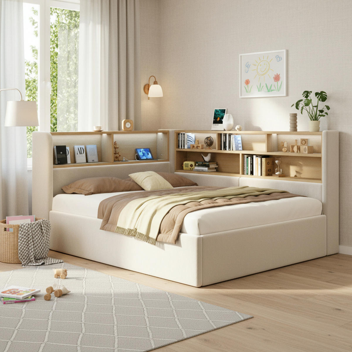 POSTEL 140/190 cm s LED osvětlením, USB a USB-C porty, hydraulickým úložným prostorem, béžová - béžová, textil (140/190cm) - Redom
