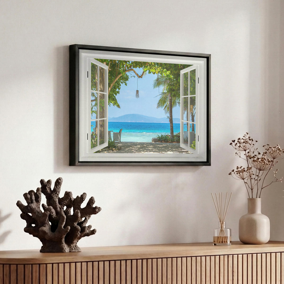 LEINWAND Bilder mit Rahmen - Aussicht - Baum - Meer - Palme - Hügel - Strand - Blau - 30x20 - Blau, Textil (30/20cm) - MuchoWow