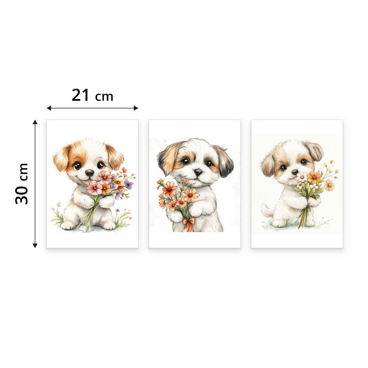POSTER SET für Kinderzimmer HUNDE Welpen Blumen Tiere 3x Poster A4 21x30cm - Beige/Rot, Papier (21/30/1cm) - Muralo