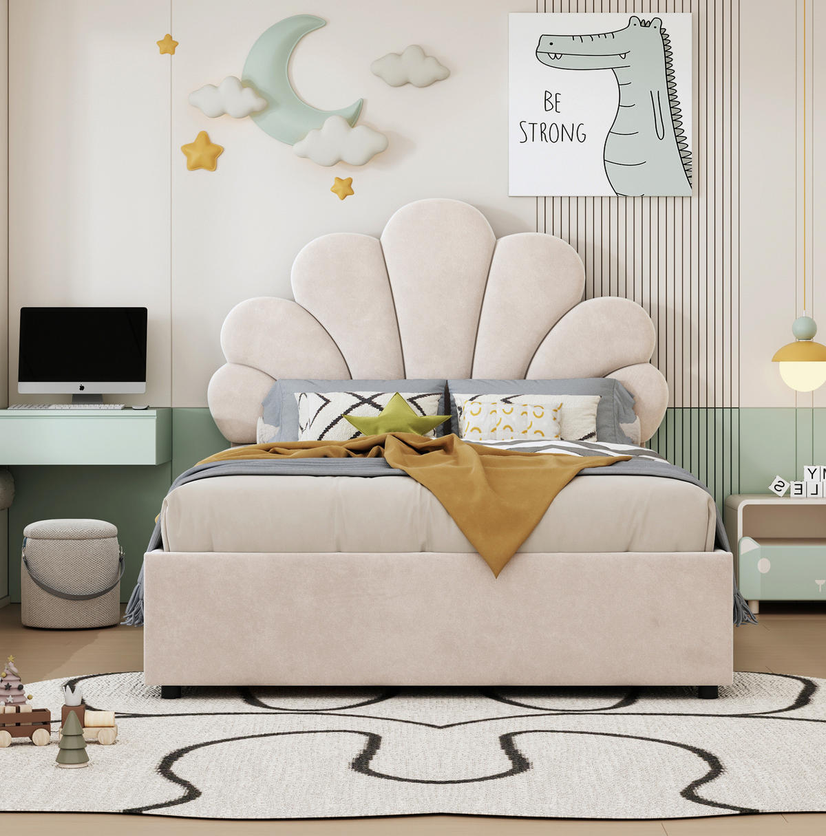 TAPECIRANI krevet 90/200 cm s cvjetnim uzglavljem i hidrauličnim spremištem, Bež - bež, tekstil (90/200cm) - Redom