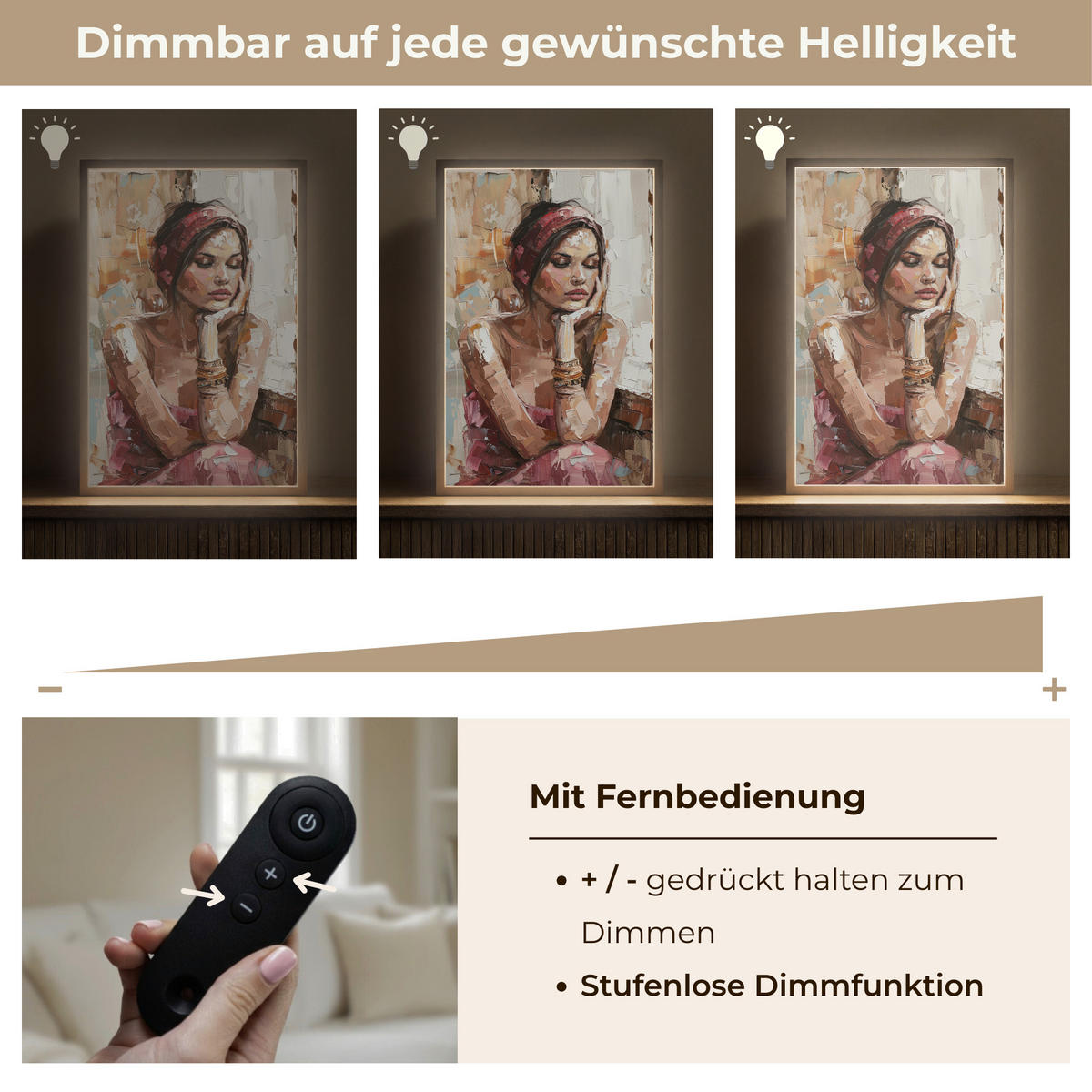 NÁSTĚNNÁ LAMPA S AKUMULÁTOREM Žena - vzhled malby - portrét - moderní 40x60 cm - hnědá, kompozitní dřevo (40/60/8cm) - OnlyWow