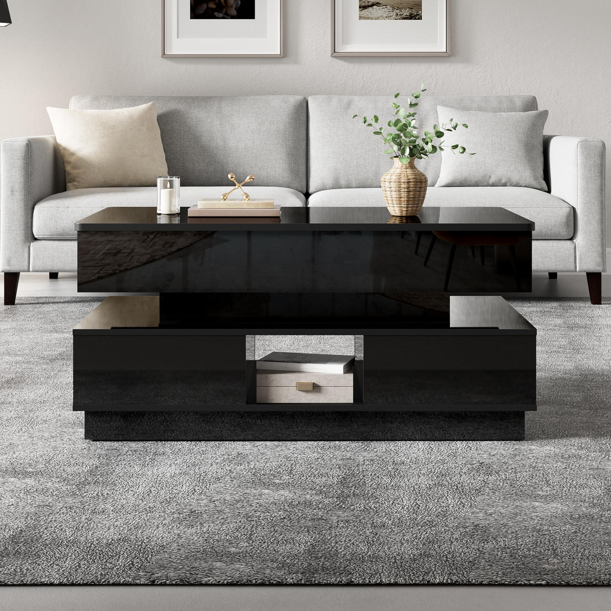 COUCHTISCH Schwarz 90/48/42,5 cm mit LED-Beleuchtung und Hubfunktion - Schwarz, Holzwerkstoff (48/90/42.5cm) - PANGIVO