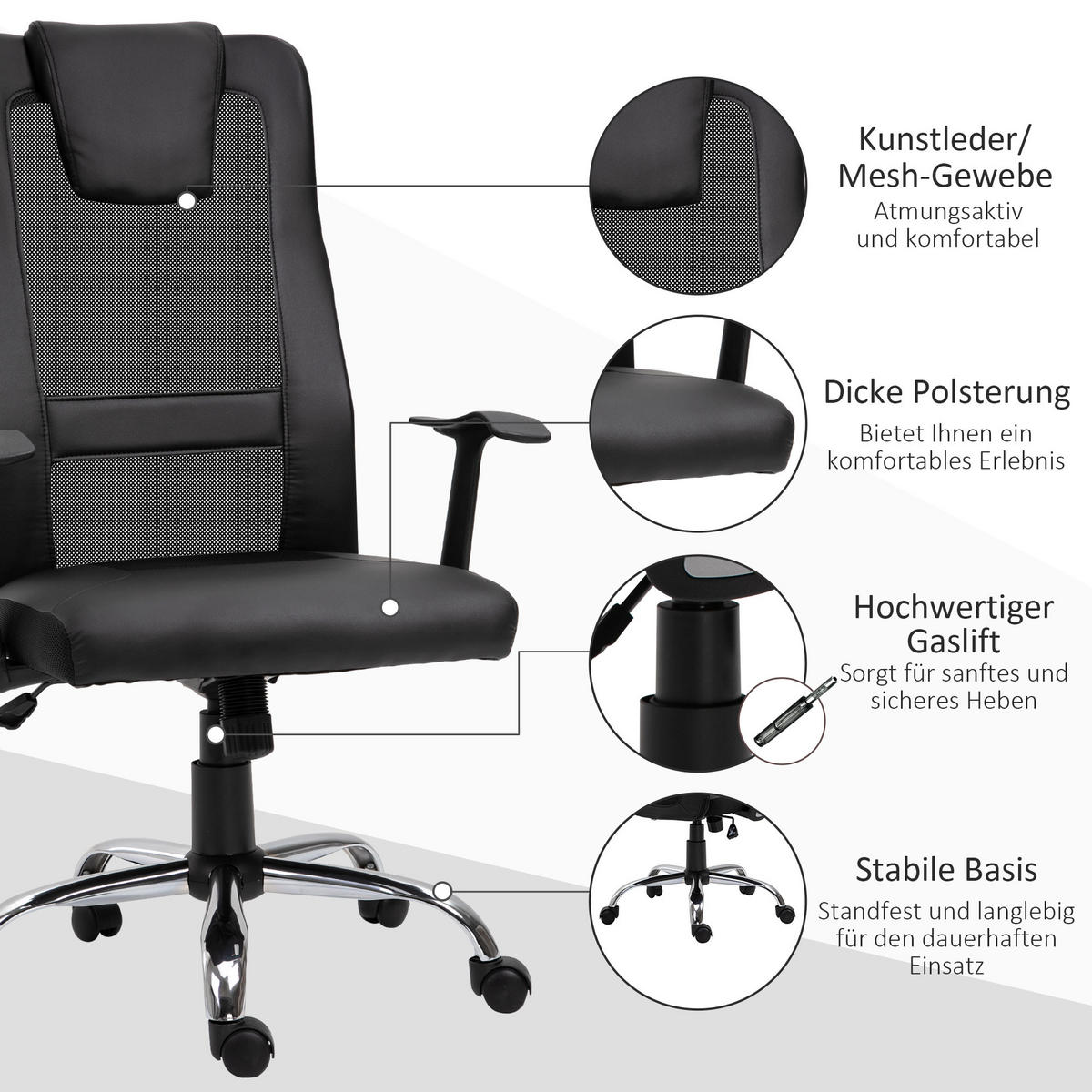 BÜROSTUHL, Drehstuhl, schwarz - Schwarz, Leder (73/118/66cm) - Vinsetto