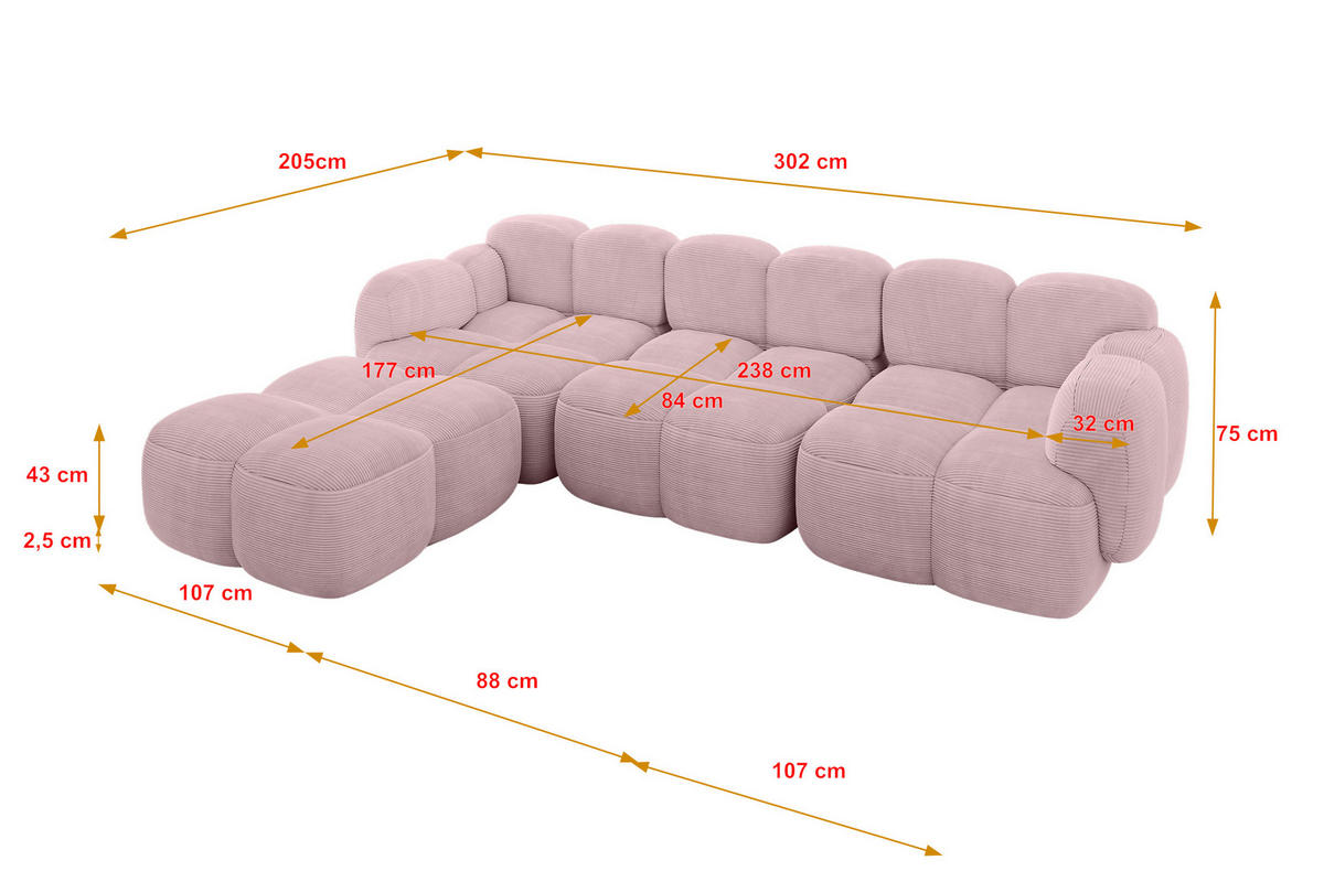 ECKSOFA modulares Sofa Links Miko-L2 302x205x75 Rosa Cord - Schwarz/Rosa, Holzwerkstoff/Kunststoff (302/205cm) - ALTDECOR