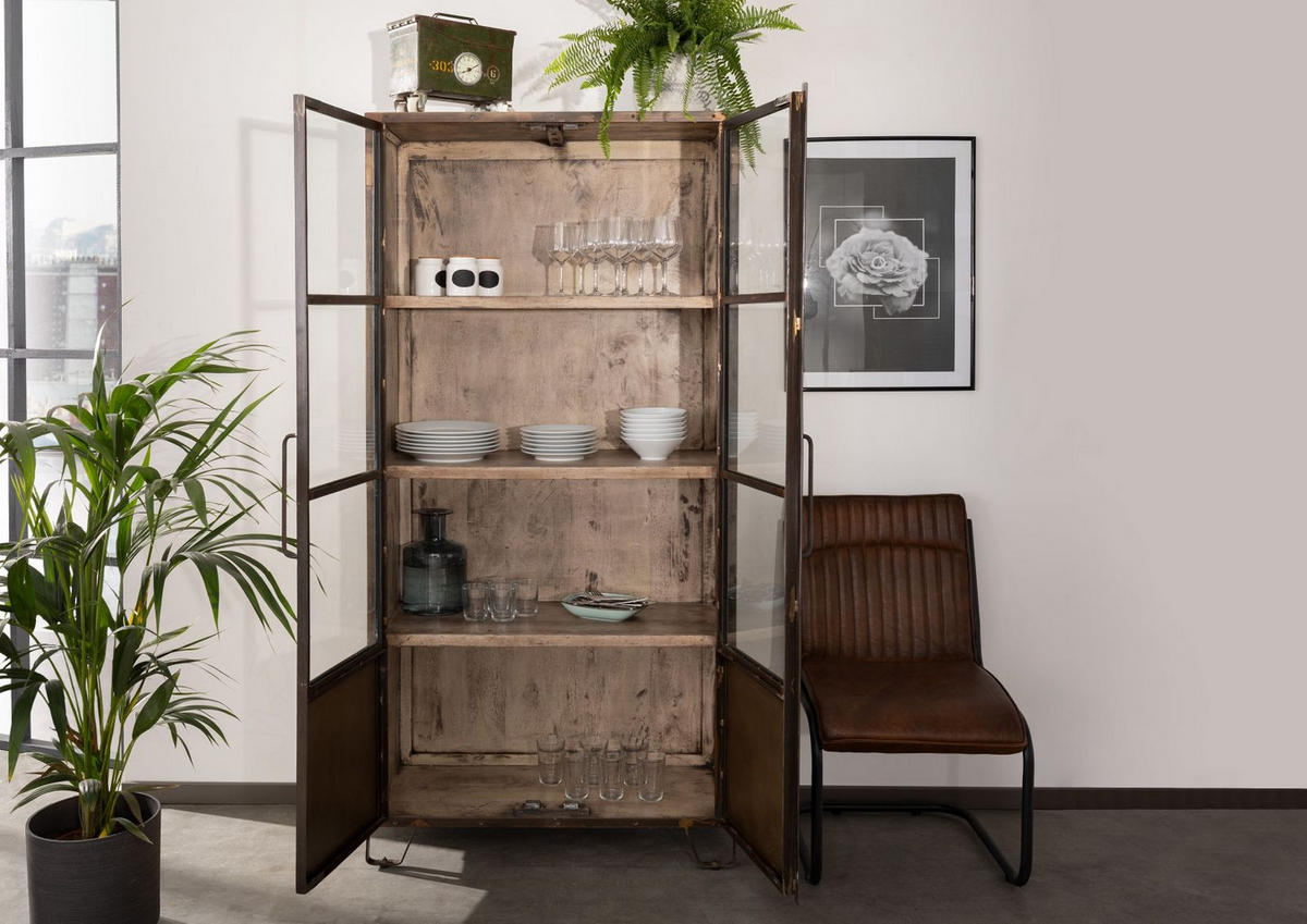 VITRINE Mango 90x40x190 braun lackiert HEAVY INDUSTRY #223 - Braun, Holz (90/190/40cm) - Massivmoebel24