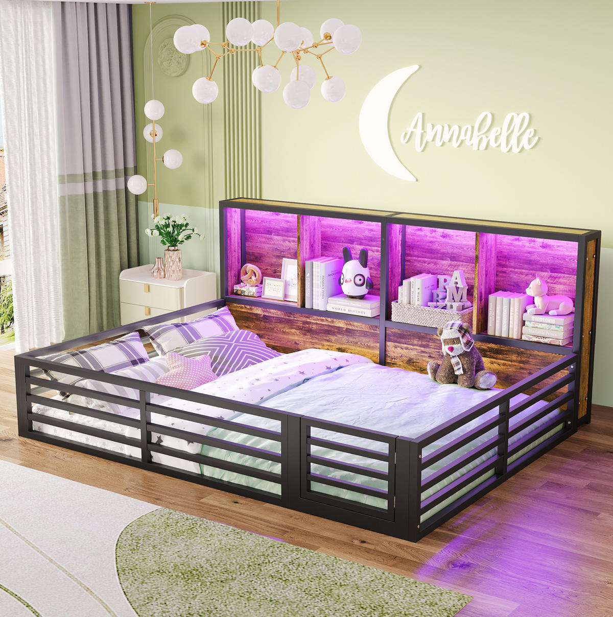 KINDERBETT 140/200 cm aus Metall und MDF mit seitlichen Ablagefächern und LED-Beleuchtung Schwarz - Schwarz, Holzwerkstoff (140/200cm) - Modenvie