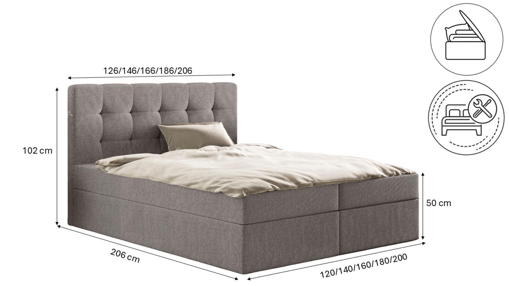 Thumbnail - Kaiser Möbel Boxbett, Grau, Holz, H2, 120x200 cm, Schlafzimmer, Betten, Boxspringbetten