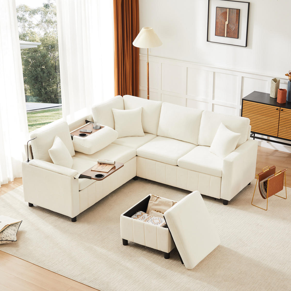 ECKSOFA Chenille mit Schlaffunktion, Hocker und USB-Anschluss 205/205/85 cm Beige - Beige, Textil (205/205cm) - Redom
