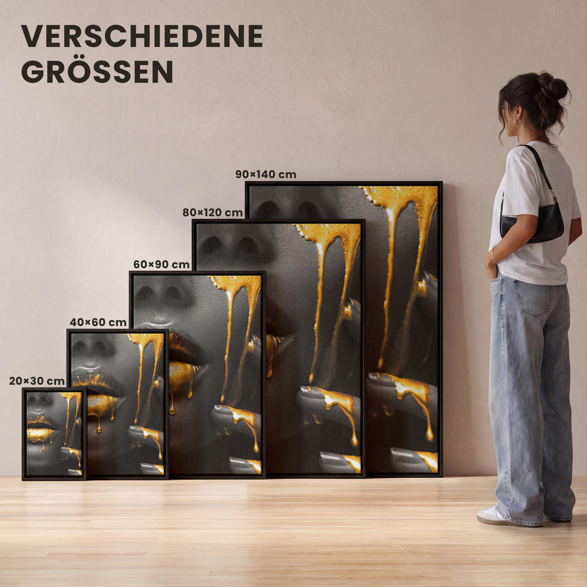LEINWAND Bilder mit Rahmen - Frau - Schwarz - Gold - Gesicht - Lippen - 20x30 - Goldfarben, Textil (20/30cm) - MuchoWow