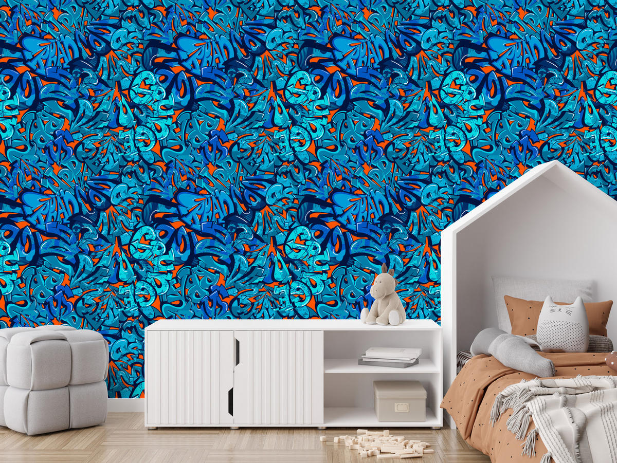 VLIESTAPETE Modernes Graffiti – Blau, Orange – 50x1000 cm - Blau/Orange, Papier (50/1000cm) - Muralo