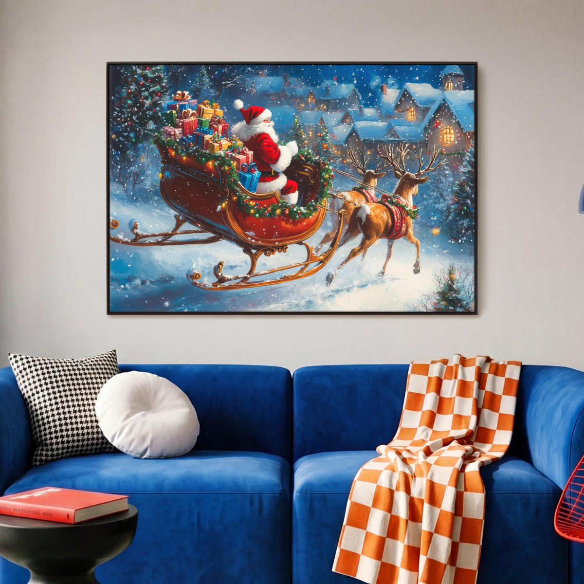 LEINWAND Bilder mit Rahmen - Weihnachtsmann - Rentier - Weihnachten - Schnee - 90x60 - Cognac, Textil (90/60cm) - MuchoWow