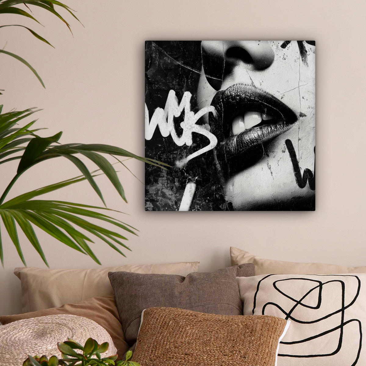 LEINWANDBILD Gesicht - Mund - Graffiti - Schwarz Wandbild Wohnzimmer 50x50 cm - Schwarz, Textil (50/50cm) - MuchoWow