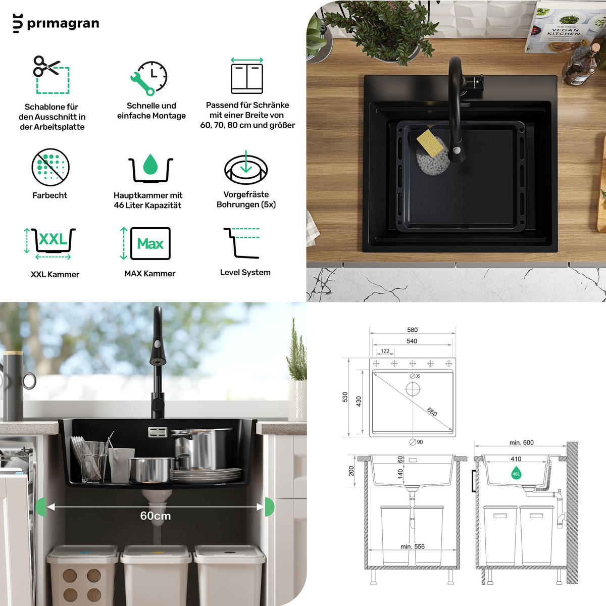 GRANITSPÜLE Oslo Max, 2-er set Alles Schwarz 58/53 cm 1 Becken + Küchenarmatur 32/20 cm + Ablauf-Set + Aufrollbare Abtropffläche ab 60er Unterschrank - Schwarz, Kunststoff (58/20/53cm) - Primagran