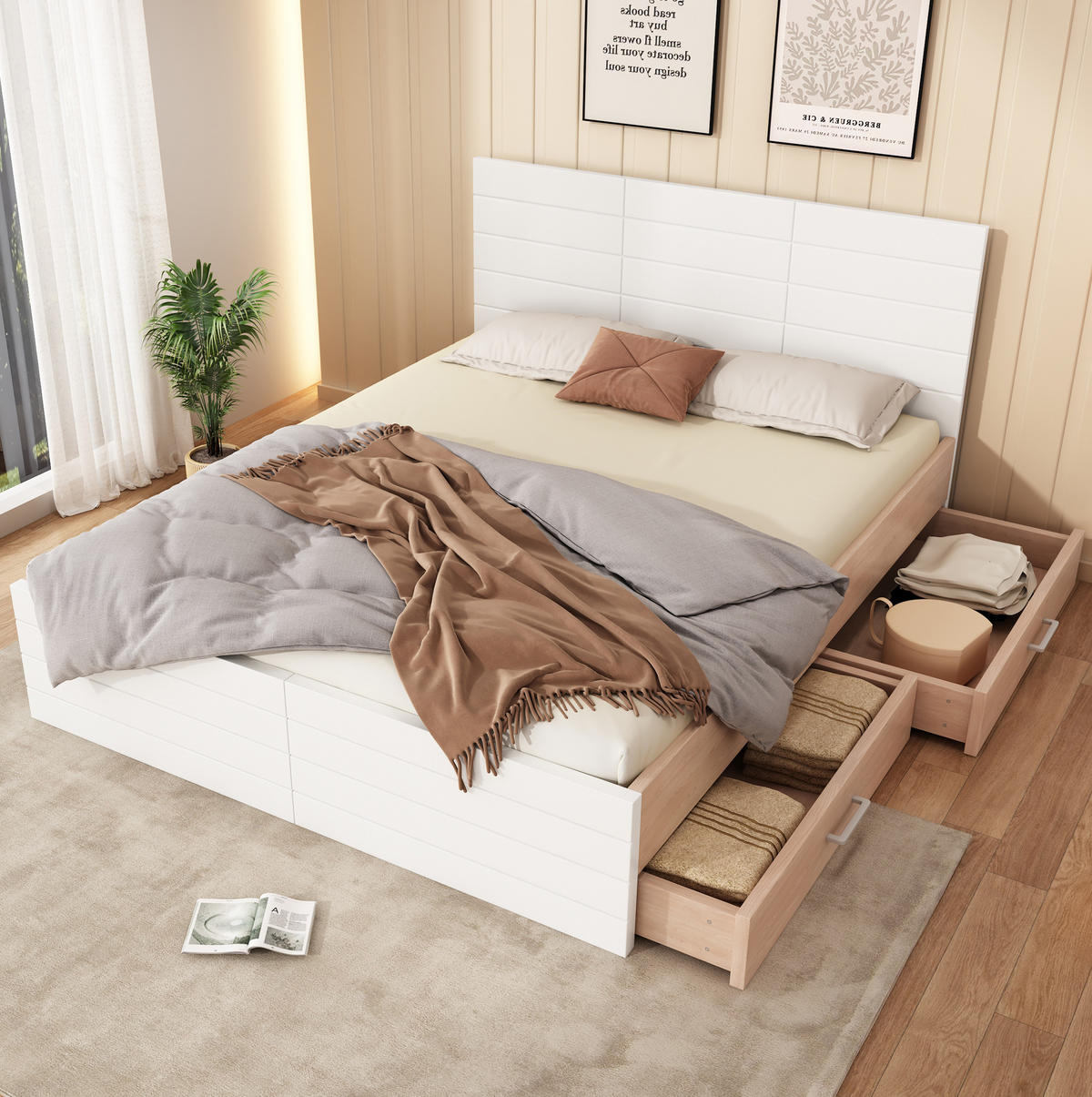 BETT 160/200 cm Weiß/Eiche mit 2 Schubladen und Lattenrost - Weiß, Holzwerkstoff (160/200cm) - Flora Grace
