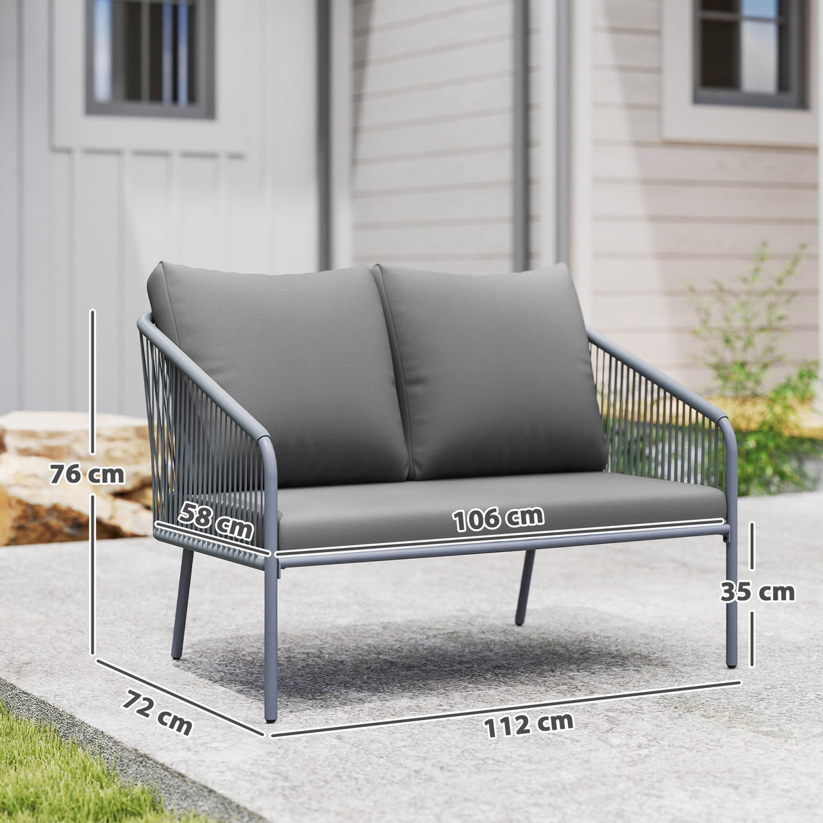 GARTENBANK DE-13503 2-Sitzer mit Geflecht, Stahlrahmen Grau - Grau, Metall (112/76/72cm) - ComfortXL