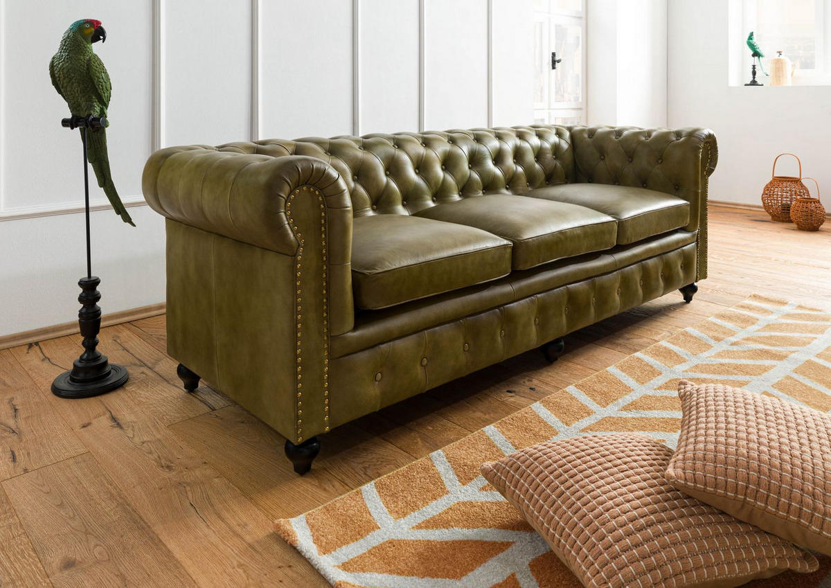 SOFA 3-Sitzer Echtleder 216x82x75 grün CHESTERFIELD #303 - Grün, Leder (216/75/82cm) - Massivmoebel24