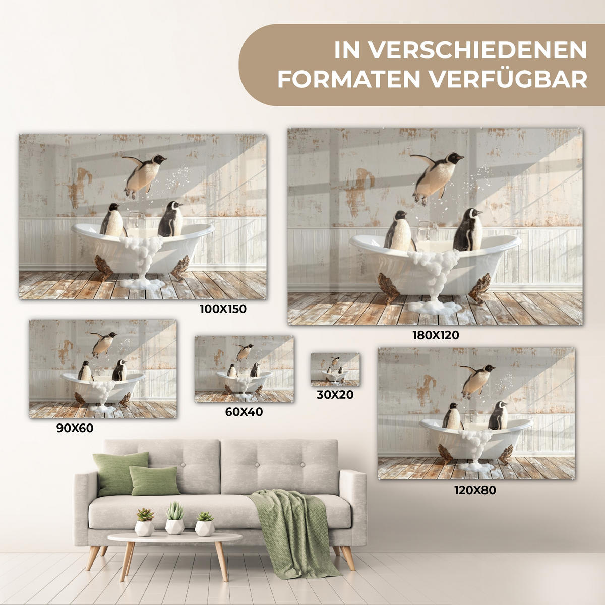 ACRYLGLASBILD Vintage - Pinguin - Badewanne - Schaumstoff 90x60 cm - Schwarz, Glas (90/60cm) - MuchoWow