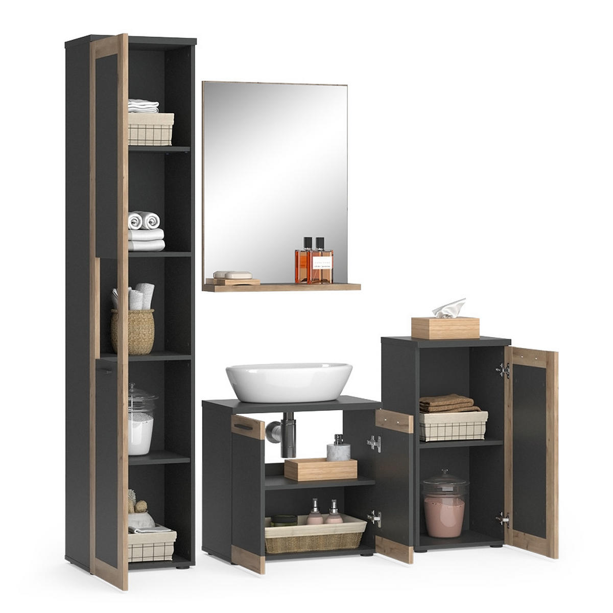 BADMÖBEL-SET Niko Anthrazit/Viking Oak mit Midi- und Hochschrank - Eichefarben/Anthrazit, Holzwerkstoff (60/59.1/34.3cm) - Vicco