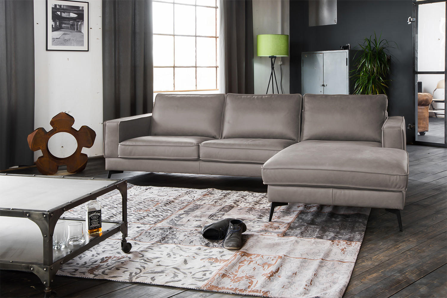 ECKSOFA BLOOM Hellgrau Leder - Hellgrau/Schwarz, Leder/Metall (276/177cm) - KAWOLA