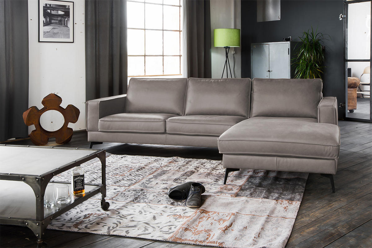 ECKSOFA BLOOM Hellgrau Leder - Hellgrau/Schwarz, Leder/Metall (276/177cm) - KAWOLA