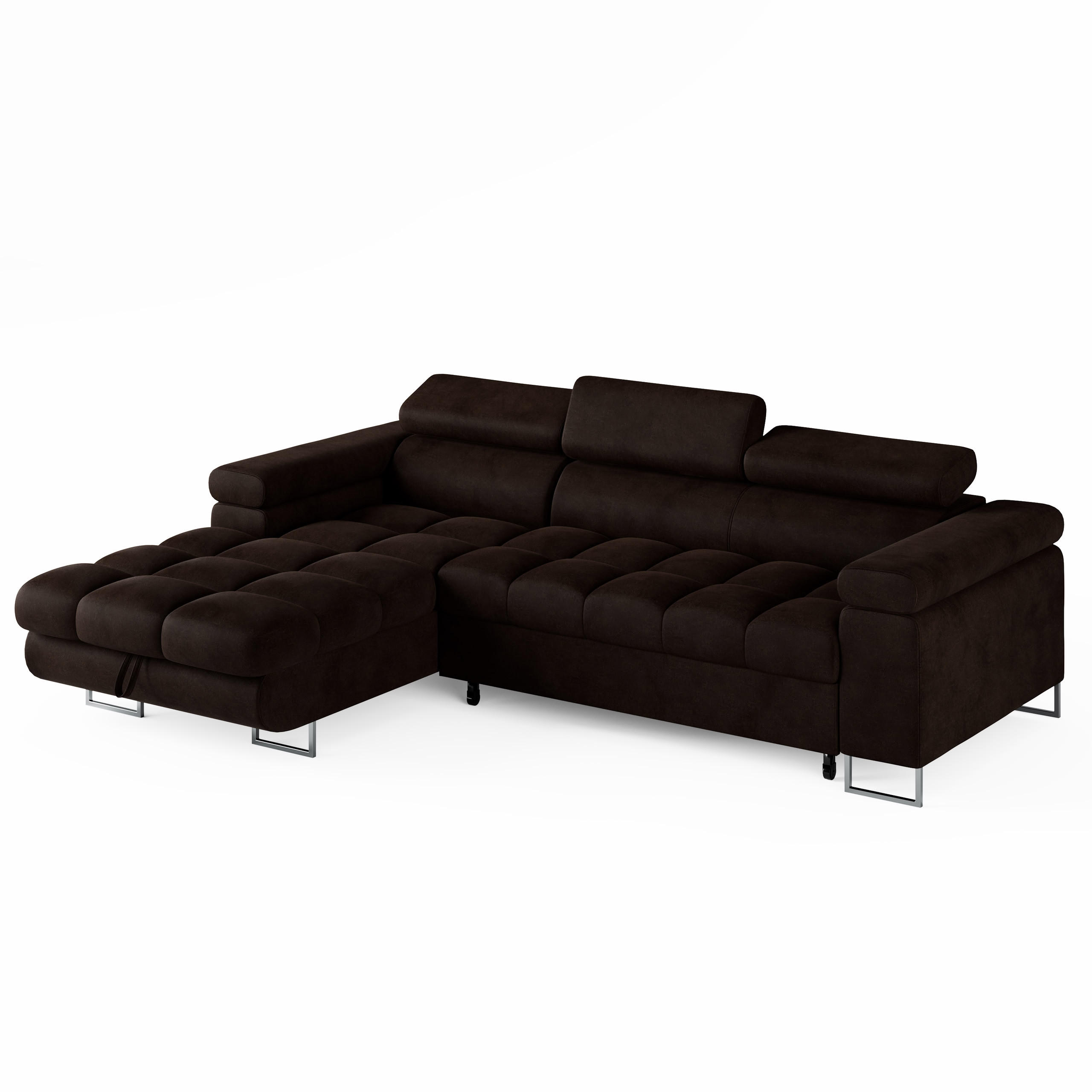 ECKSOFA CLOUD Links Braun L-Form Velours-Stoff mit Schlaffunktion und Bettkasten - Chromfarben/Dunkelbraun, Holz/Metall (235/275cm) - Barchello