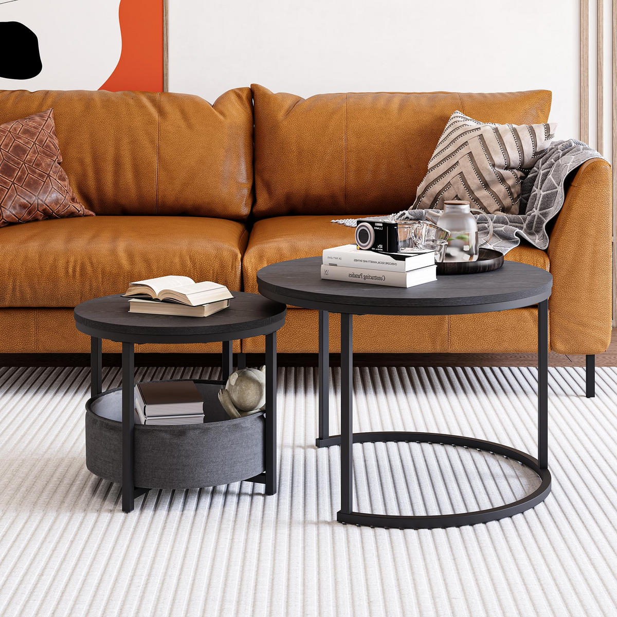 COUCHTISCH-SET DE-37291 2er-Set rund mit Aufbewahrungstasche Schwarz - Schwarz, Metall (70/70/49cm) - ComfortXL