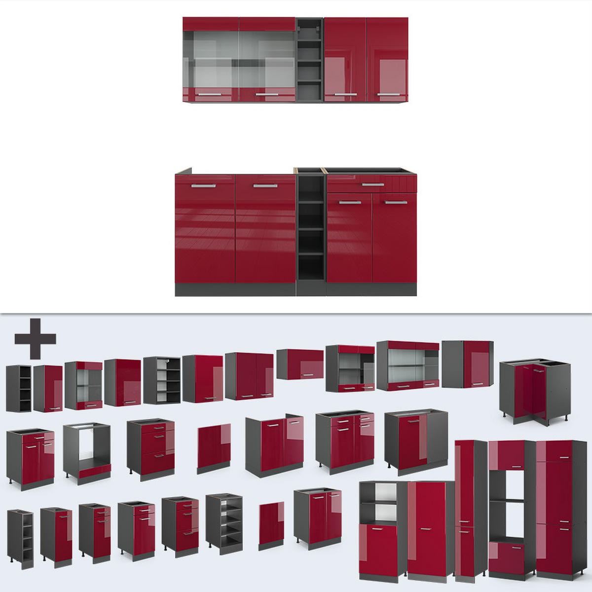 SINGLEKÜCHE R-Line Rot Hochglanz/Anthrazit 160 cm ohne Arbeitsplatte - Anthrazit/Rot, Holzwerkstoff (160/81.6/46cm) - Vicco
