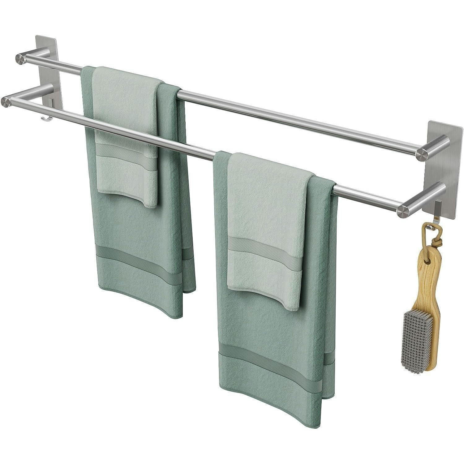 HANDTUCHHALTER ohne Bohren 80 cm Doppelstange SUS304 Edelstahl mit 2 Haken - Silberfarben, Metall (6/12/80cm)