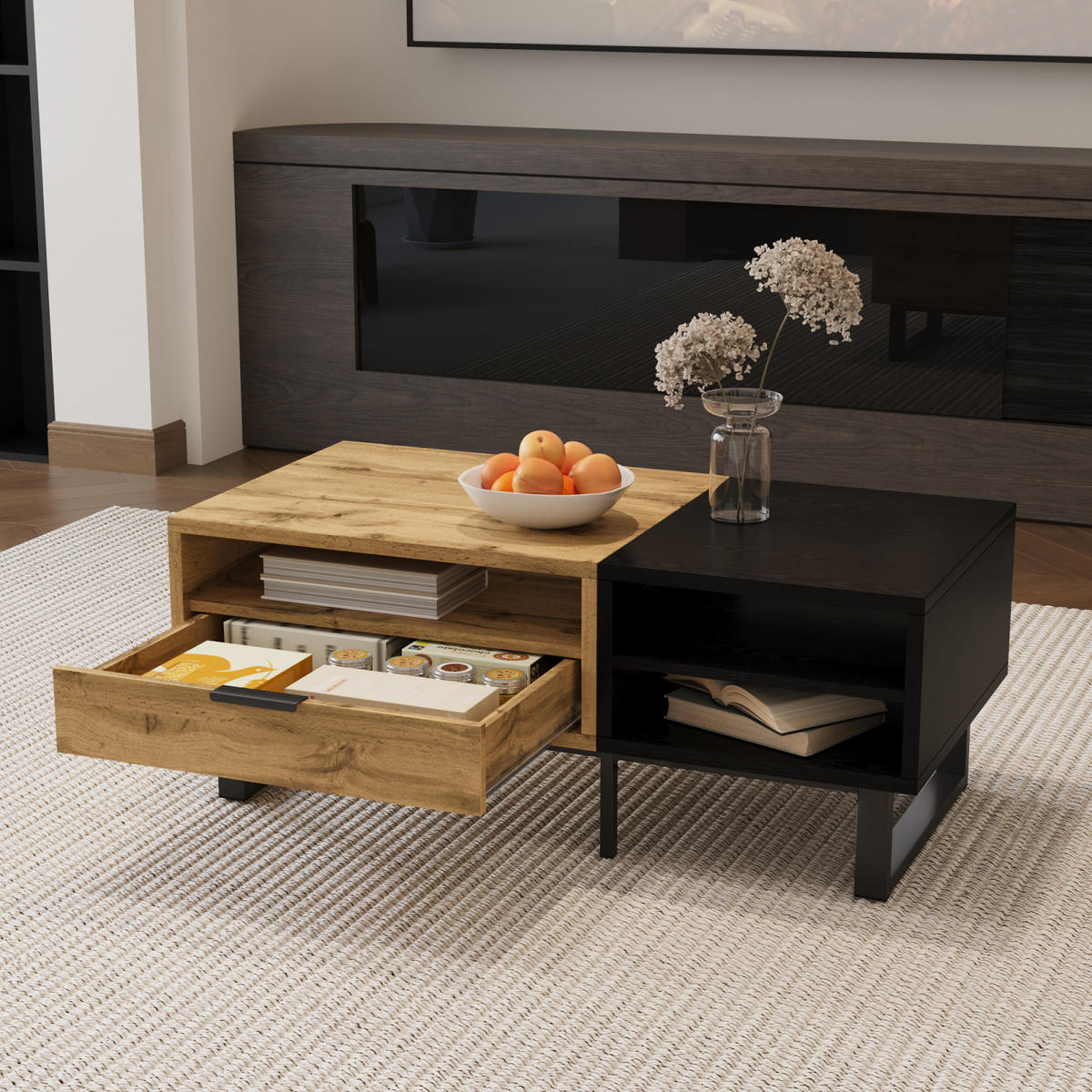 COUCHTISCH mit Fächern, Schubladen und Metallbeinen - Cognac, Metall (100/50/40cm)
