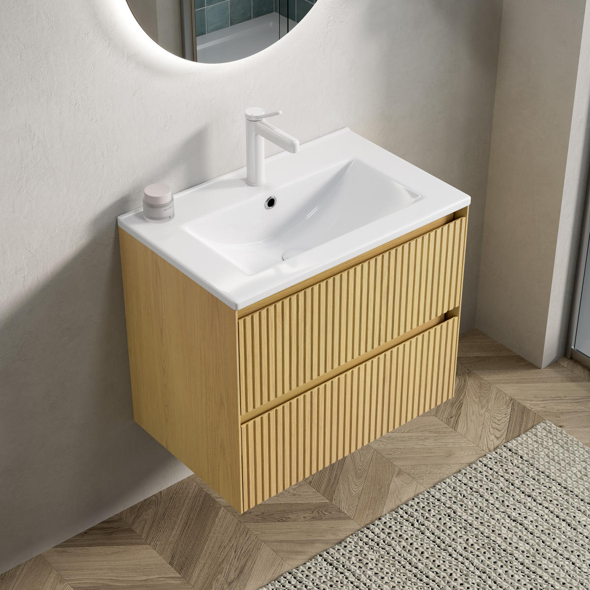 BADEZIMMERSCHRANK 61x39x51.5 cm Golden Oak & Weiß aus Keramik & Sperrholz mit 2 Schubladen - Eichefarben, Keramik (61/51.5/39cm) - Modfu