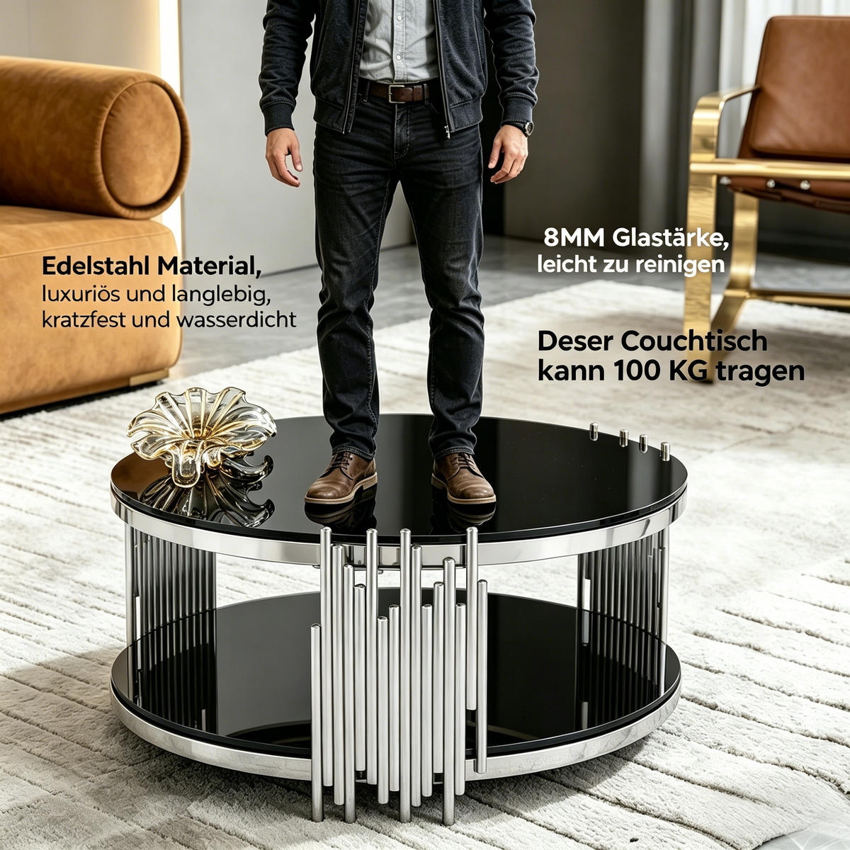 COUCHTISCH mit gehärteter Glasplatte 2 Ebenen Metallrahmen rund modern Standardgröße - Silberfarben/Schwarz, Glas/Holzwerkstoff (80/80/45cm) - EVRYAE
