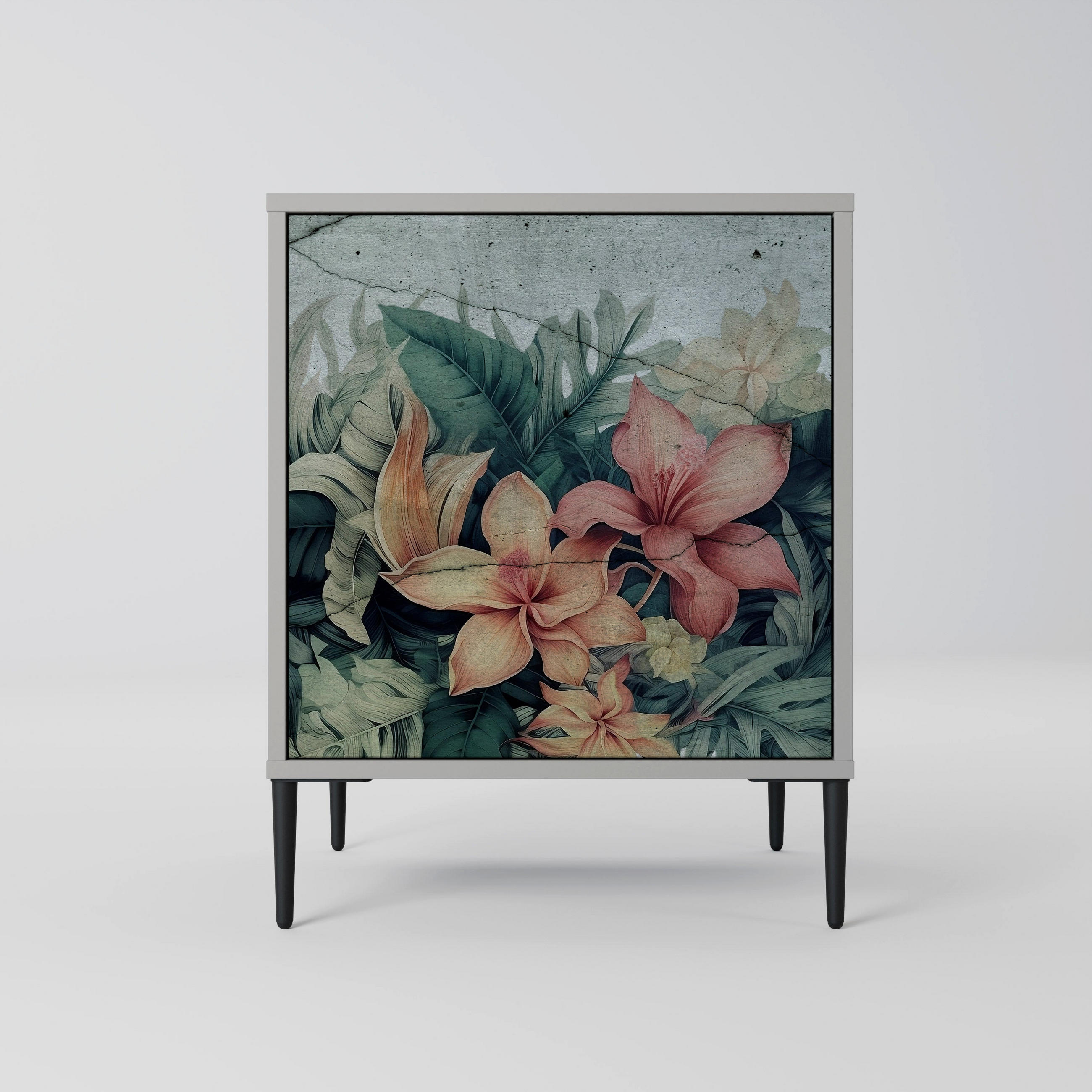 SIDEBOARD HEAVENLY BLOOM, Grau, 57,5x42x72,5 cm, Schwarze Metallfüße - Multicolor/Schwarz, Holzwerkstoff/Metall (57.5/72.5/42cm) - SpaceRebels