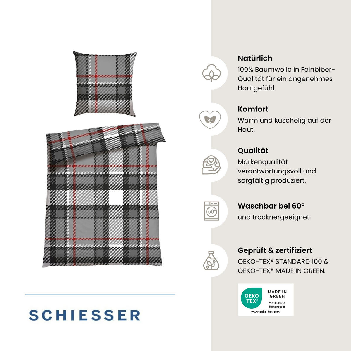 BETTWÄSCHESET Talisa - Feinbiber - 2-teilig - 135x200 cm - Grau - Grau, Textil (135/200cm) - SCHIESSER